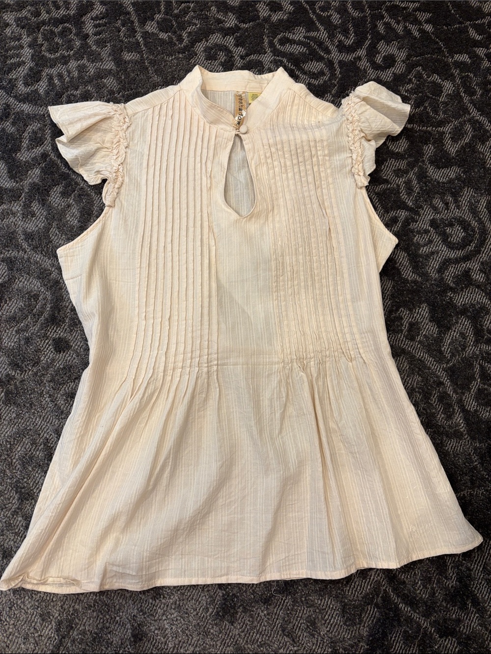 Eyeshadow Cream Pintuck Keyhole Ruffle Sleeve Blouse